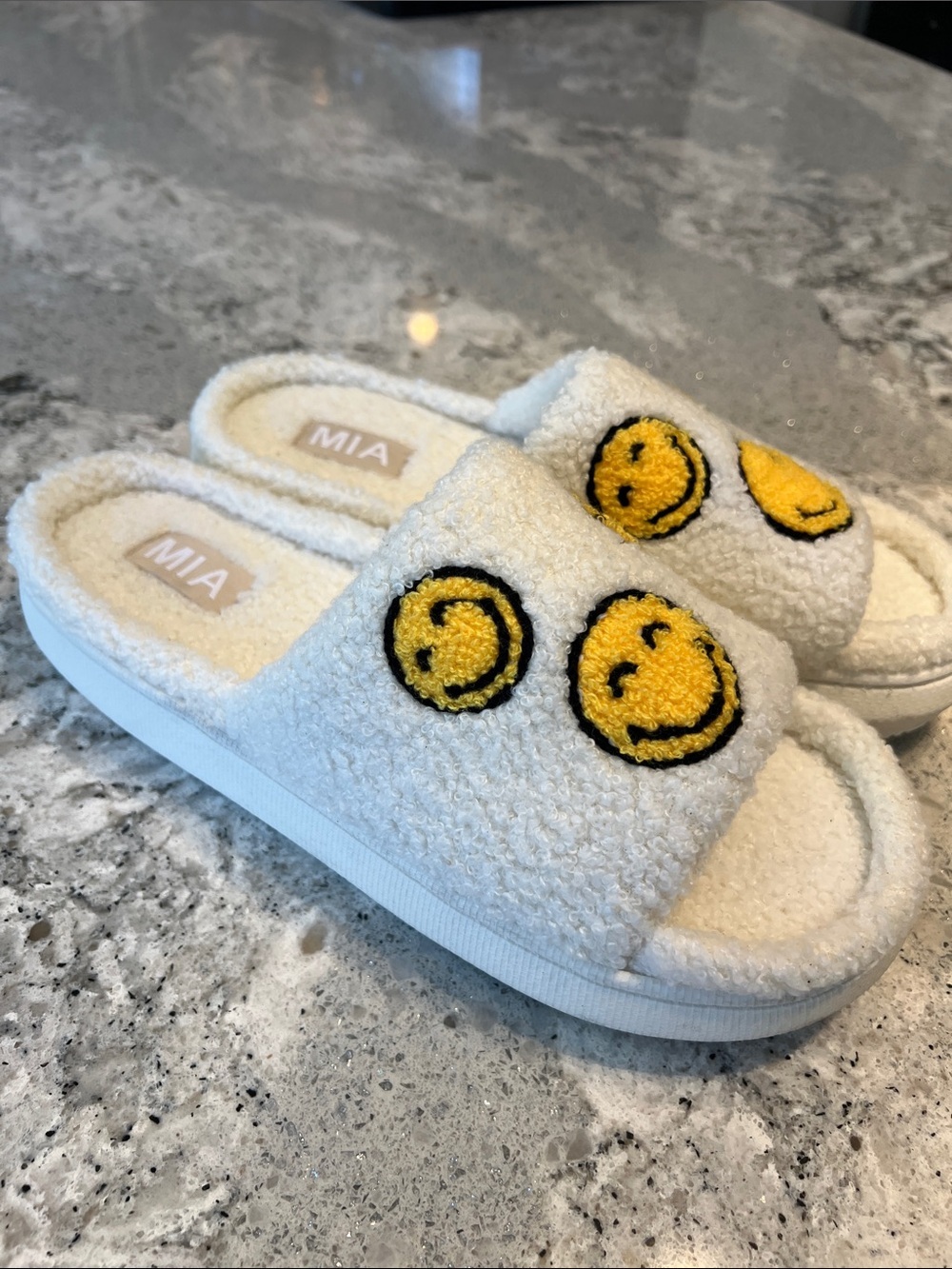 MIA Cream Fuzzy Slide Sandals with Yellow Smiley Embroidery
